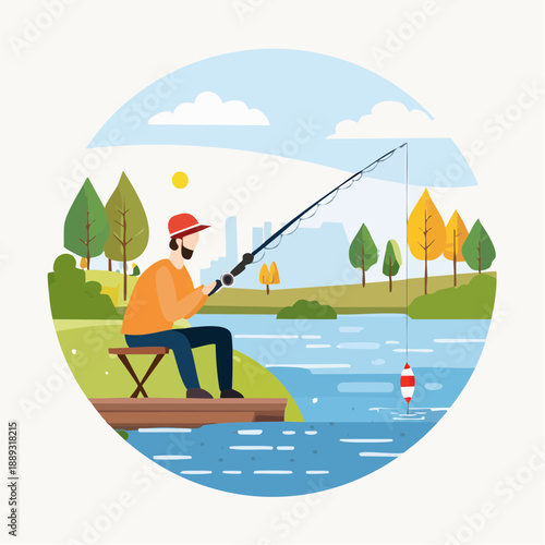 Man fishing by serene lake on sunny day