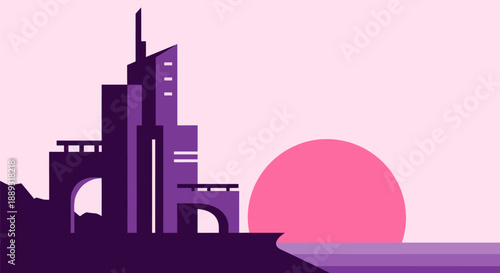 Abstract illustration of a futuristic building with a vibrant sunset background