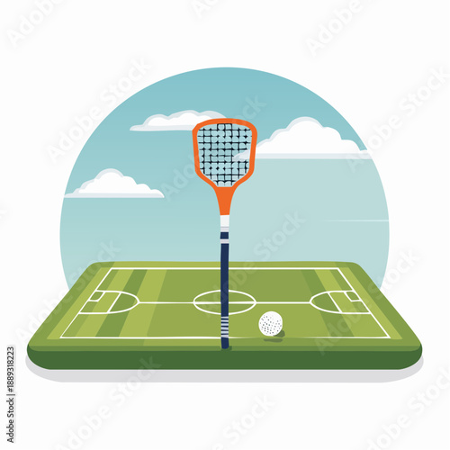 Lacrosse stick and ball with a field in the background