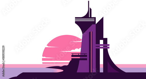 Abstract illustration of a futuristic building with a sunset backdrop