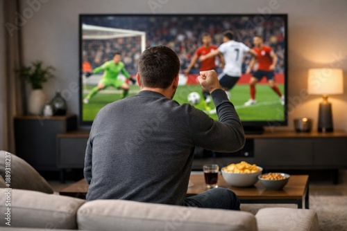 Man Celebrating Soccer Goal While Watching Football at Home
