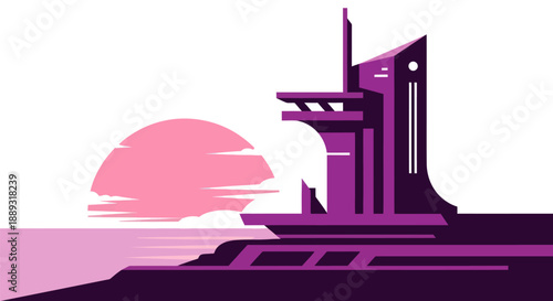 Abstract illustration of a futuristic building with pink sun and sea
