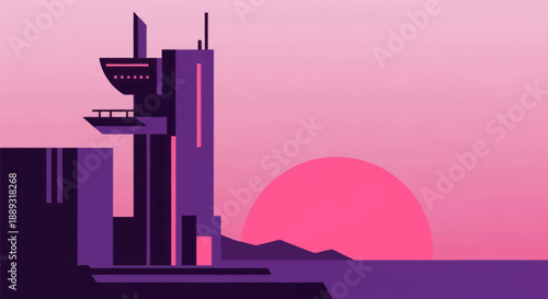 Abstract illustration of a futuristic high rise building with sunset background