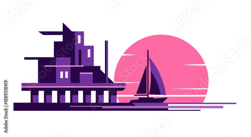 Abstract illustration of a sailboat and building against a vibrant sunset