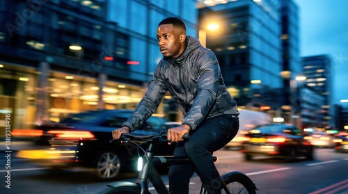 Black man riding electric bicycle on city street at night