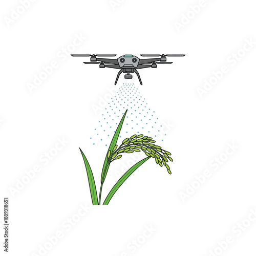 Agricultural Drone Spraying Rice Plant. Precision Smart Farming Technology and Crop Management Illustration.