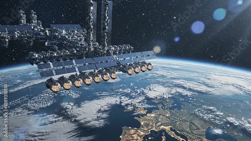 Futuristic space station orbiting earth with illuminated habitats