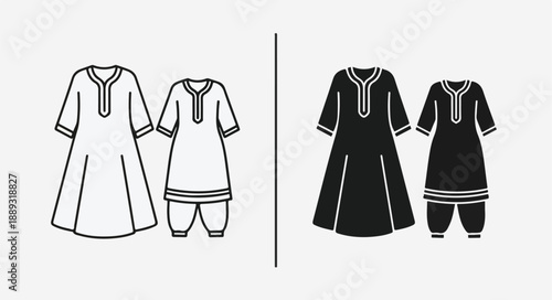 Line drawing of traditional clothing sets in black and white with intricate designs on a plain background.