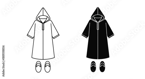 Line drawing and silhouette illustration of two hooded robes with shoes on a white background in a graphic style.