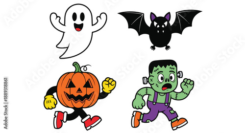 Clipart of Halloween characters including a ghost, bat, jack-o-lantern, and Frankenstein's monster in a cartoonish flat style on a white background.