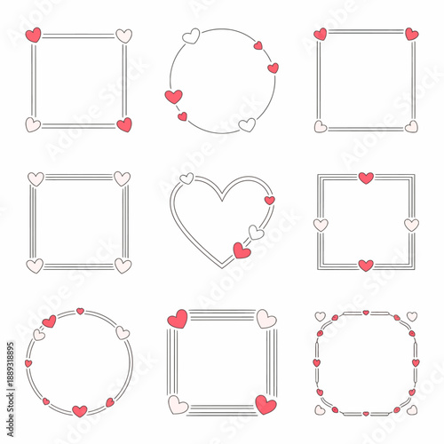 A collection of nine decorative frames featuring red hearts in various shapes
