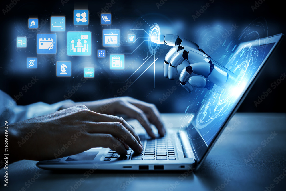 Obraz premium AI assisted project planning icons showing teamwork, strategic planning, project development, goal setting, workflow and business process optimization for organization management Entice