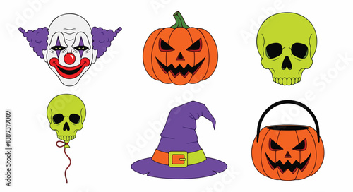 Colorful flat lay of Halloween icons including pumpkins, skulls, witch hat, and balloons on white background with vibrant tones.