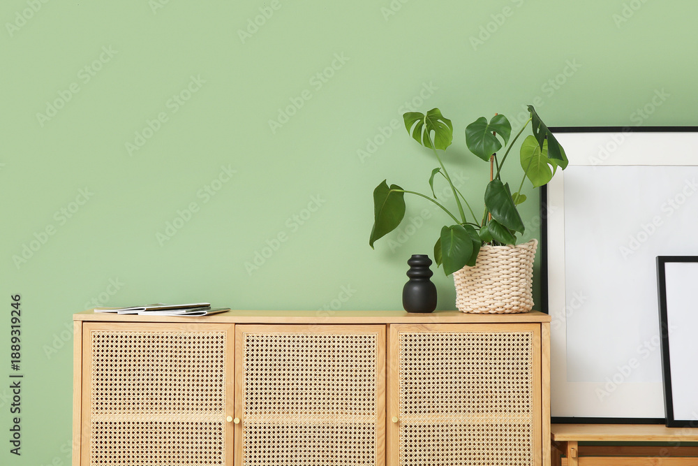 Fototapeta premium Wooden chest of drawers with houseplant and magazines near frames in living room