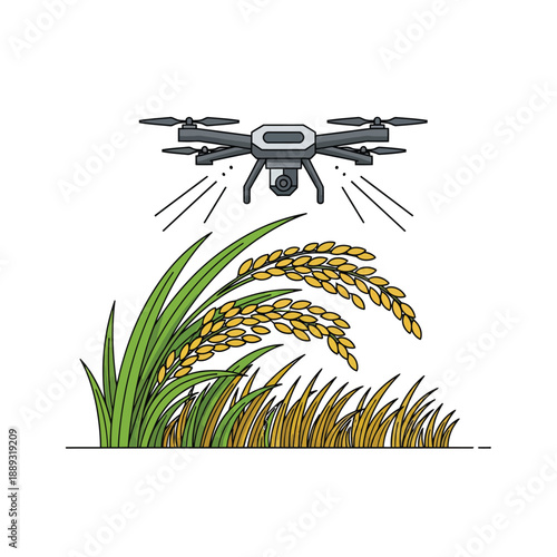 Precision Agriculture Drone Surveying Rice Crops. Smart Farming Technology Vector Icon.