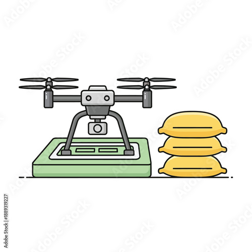 Smart Farming Drone and Agricultural Sacks Icon. Modern Agritech, Crop Monitoring, and Automated Logistics Vector Illustration.