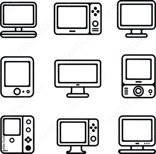Collection of minimalist electronic gadget icons featuring various digital tablet screens, desktop computer monitors, and handheld gaming consoles in clean outline vector style