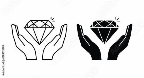 Black and white line art illustration of two hands holding diamonds on a plain white background with simple lines and shapes.
