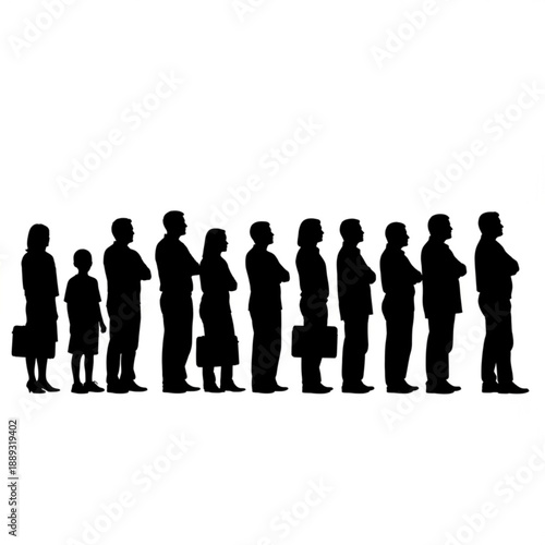 A group of people standing in line silhouetted against a