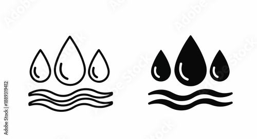 Black and white icons of water droplets above wavy lines on a plain white background.