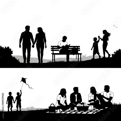 Silhouette of family and friends enjoying outdoor activities together in park
