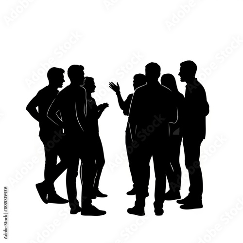 Black silhouettes of people standing in a group talking to each other