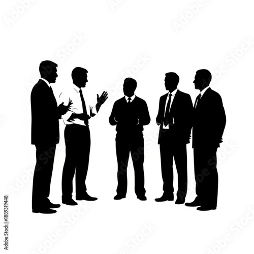 Silhouette of five businessmen in suits talking to each other