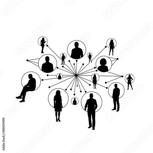 Black silhouettes of people connected by lines in a network