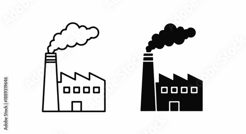 Black and white illustration of two industrial buildings with smokestacks emitting smoke on a clean white background.