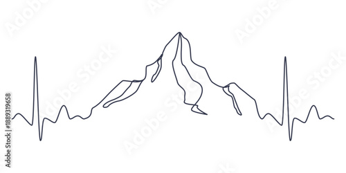 Minimal continuous one line drawing of mountains framed by heartbeat lines, symbolizing love, passion for travel and mountain tourism. Modern abstract line art for branding, posters.