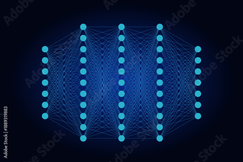 Deep learning neural network concept on dark background with glowing connected nodes and layers, representing artificial intelligence, data processing, machine learning and advanced technology.