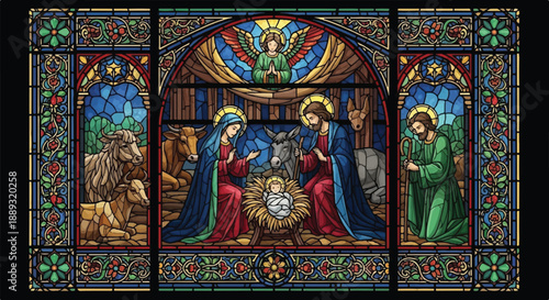 Traditional Stained Glass Art Depicting The Nativity Scene of Baby Jesus Mary and Joseph in Bethlehem Manger