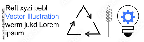 Sustainability, innovation, eco-friendly design, recycling, agriculture, renewable energy. ion of a recycling triangle, wheat stem and a lightbulb with gear. Recycling and innovation concepts