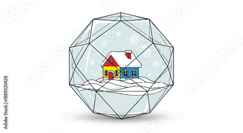 Minimalist 3D Snow Globe Crystal with Stylized House and Snow