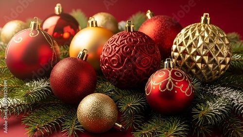 Close-up photo of various shiny red and gold baubles resting on a bed of fresh evergreen