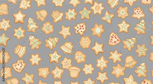 Seamless Pattern of Christmas Gingerbread Cookies on Gray Background