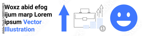 Business growth, career development, financial success, professional progress, investment opportunities, motivational goals. Blue arrow, briefcase financial chart coin happy face. Business growth