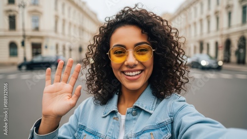 Woman Waving Hello With Yellow Sunglasses