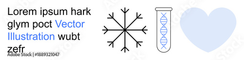 Science, genetics, winter, medical study, molecular biology, love. A test tube with DNA helix, snowflake symbol blue heart and text. Science and genetics through visuals