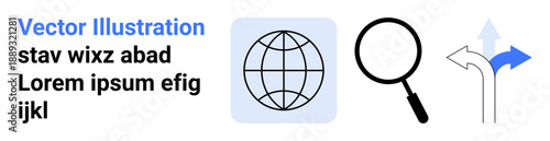Navigation tools, decision-making, global search, direction, exploration, digital guidance. Globe, magnifying glass and directional arrows. Navigation and decision-making concepts