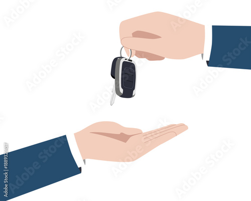 2人の間で車の鍵を渡すベクターイラスト. Vector illustration of handing over a car key fob between two people.