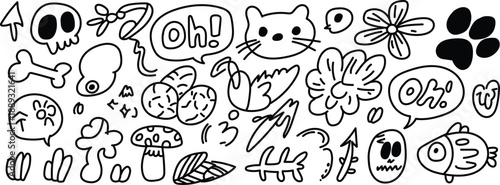 Whimsical doodle page with various cartoon elements