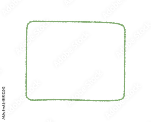 Hand drawn rectangle box frame in organic crayon outline. Contour surrounds empty textbox with natural texture. Green background for text or graphic layout, simple form and playful element.