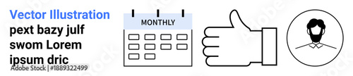 Time management, scheduling, approval, satisfaction, user identity, organization. Calendar labeled monthly, thumbs-up icon and round user avatar. Time management and scheduling concept