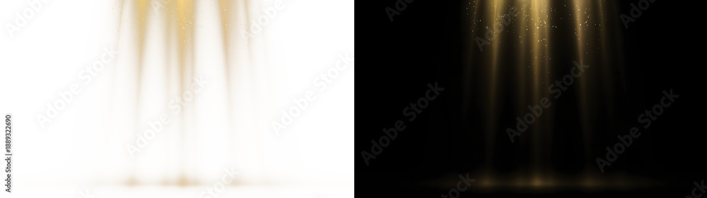 Fototapeta premium Warm golden spotlight rays with glitter dust overlay, transparent PNG