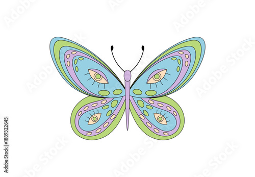 Groovy retro butterfly sticker cartoon with psychedelic eye pattern and colorful trippy style. Fun pop cartoon butterfly and unique groovy element, perfect for y2k patch sticker design.