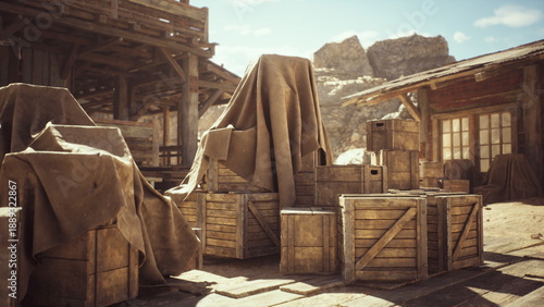 Принти на полотні high noon loading bay with crates and canvas coverings, sunbaked shadows across