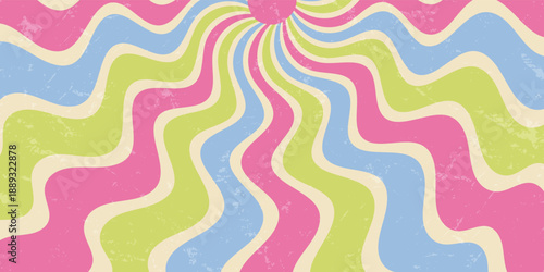 Groovy retro sun with psychedelic wavy pattern and grunge color style. Sunshine flows in a vibrant y2k grungy background. Horizontal format highlights a unique and bold vintage effect for creative