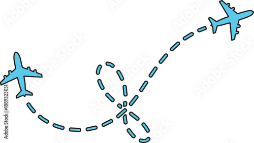 The image features two light blue airplanes that are visually connected by a dotted line, which represents their flight path. The use of light blue for the airplanes gives a calm and serene feel, 