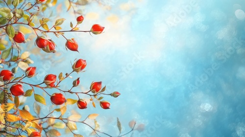 Rose hip branches against a textured azure sky, a whisper of autumn air